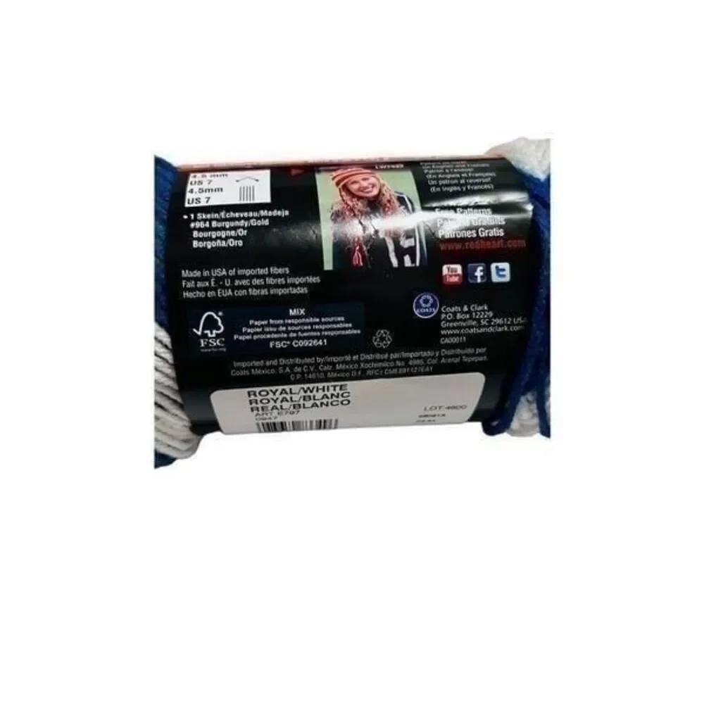 Red Heart Team Spirit Knitting Yarn blue royal 0947 white 4M 5oz with pattern in